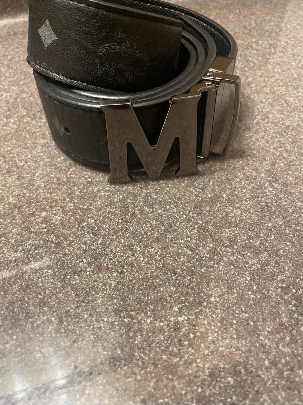 MCM Black Leather Belt with Silver 'M' Buckle